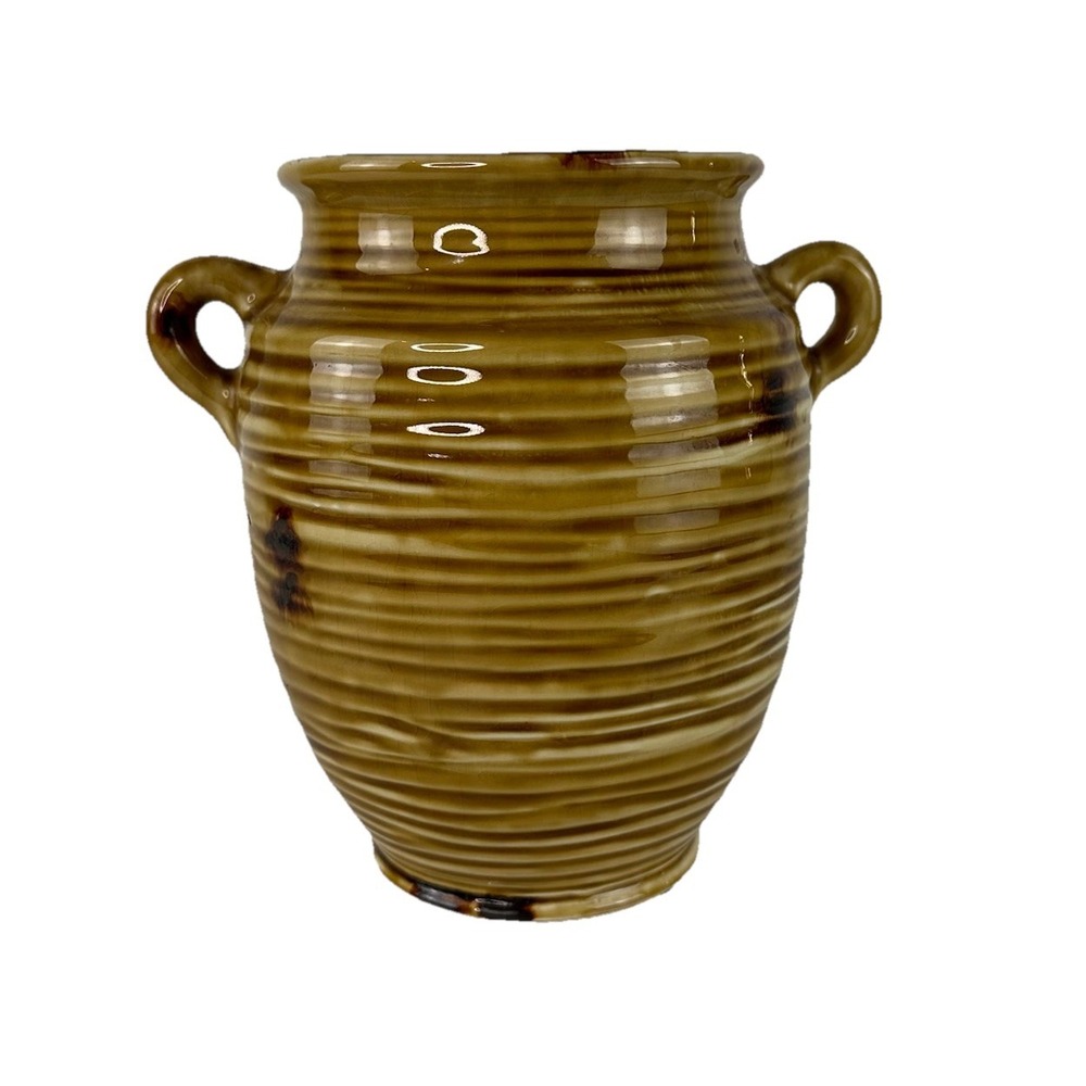 Clay Vase‎ with 2 Handles Butter Yellow Ribbed Beehive Utensil Crock 7"